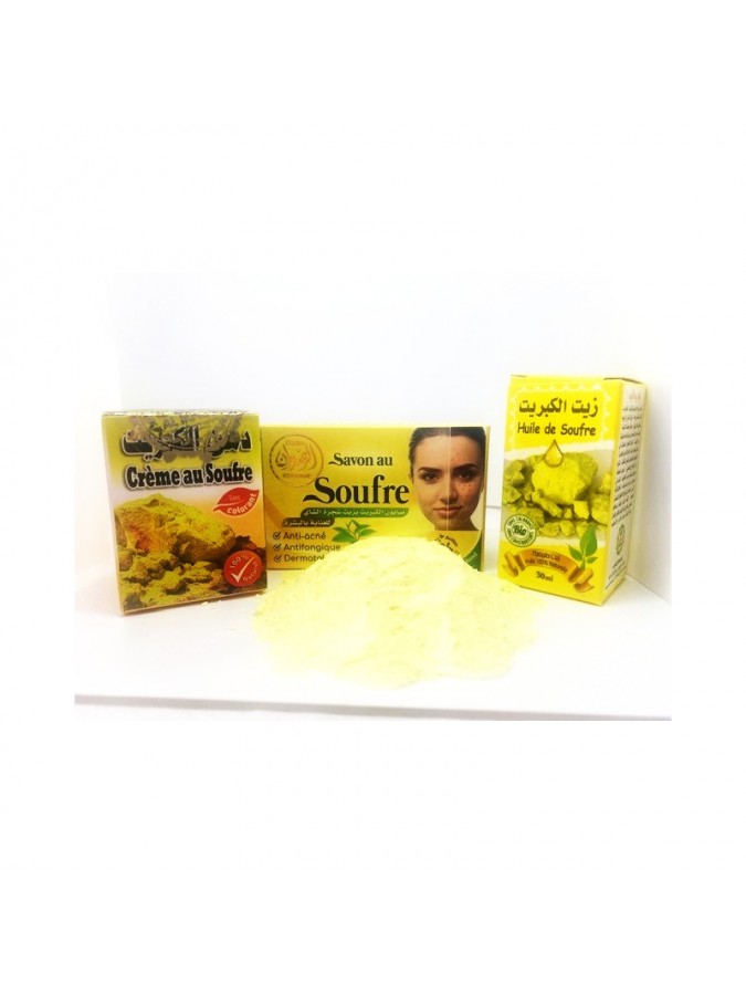 Pack :  Crème au soufre + Soufre en poudre + Huile de soufre + Savon au soufre