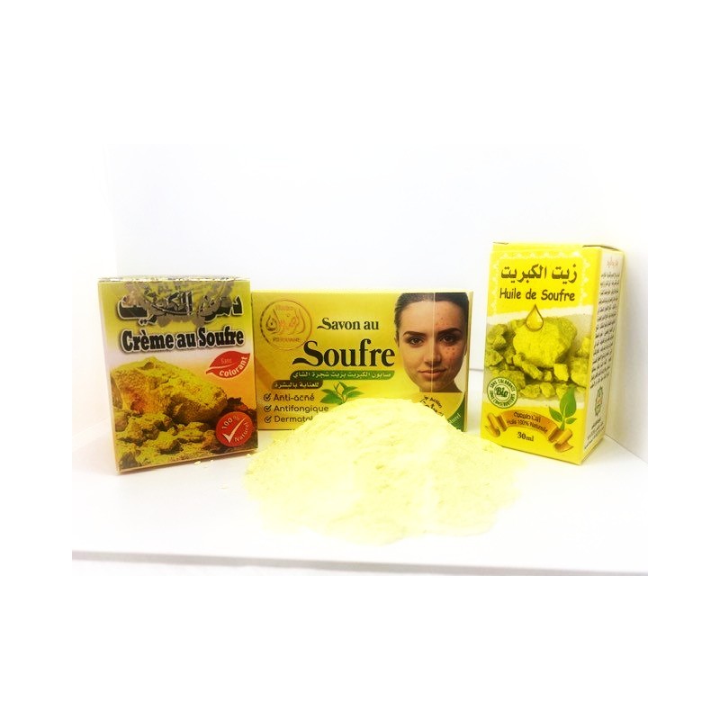 Pack :  Crème au soufre + Soufre en poudre + Huile de soufre + Savon au soufre
