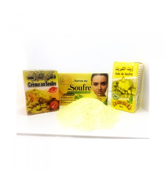 Pack :  Crème au soufre + Soufre en poudre + Huile de soufre + Savon au soufre